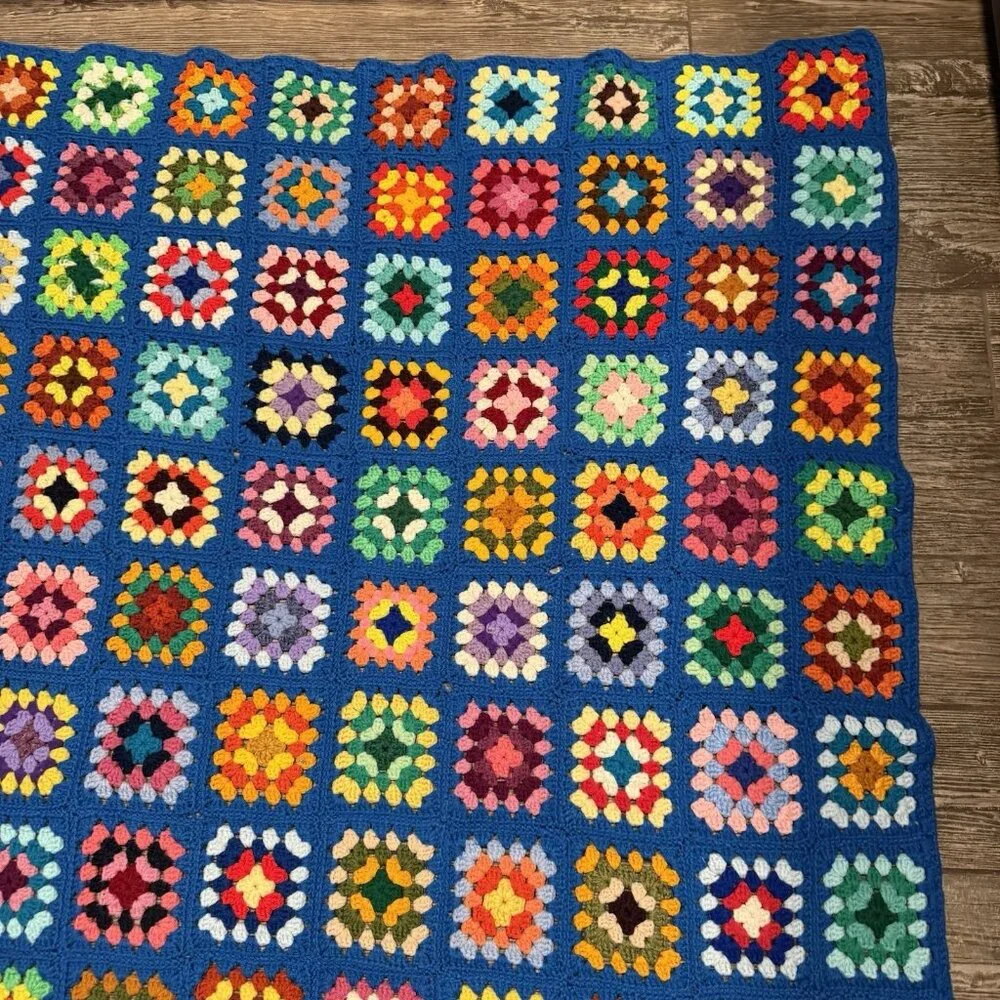 Vintage Handmade Granny Square Afghan Blanket Throw Knit Cottage Approx 48x59‎